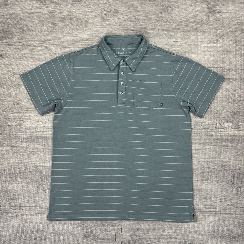 Free Fly Shirt Men M Gray White Stripes Performance Bamboo Short Sleeve Polo